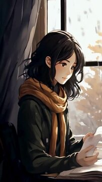 Pastel Cozy Lofi Beautiful Anime Girl Listening to Music with Headphones in Front of a City Skyline at Night, 2D flat anime-style 4k lofi animation video