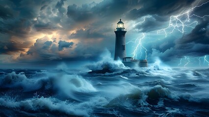 Navigating Through Stormy Seas: Lighthouse Beacon and Lightning Ideal for Home Decor. Concept Home Decor, Stormy Seas, Lighthouse Beacon, Lightning, Nautical Theme - obrazy, fototapety, plakaty