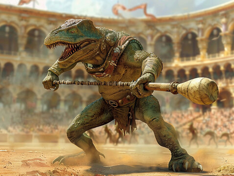 A dynamic 3D representation of a fantasy creature, caught in a moment of anger, swinging a baseball bat in a high-stakes game set in an ancient Indus Valley stadium