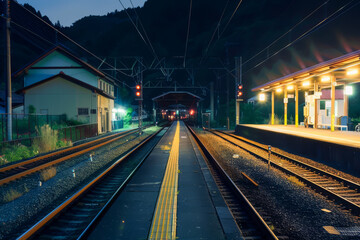 Naklejka premium A train station at night with a train on the tracks