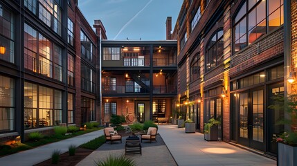 An adaptive reuse blueprint for a historic industrial building transformed into a stylish loft apartment complex, preserving original features while incorporating modern amenities