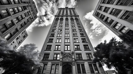 Black and white panoramic view of a modern building in New York City