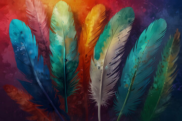 Feathers on a colorful background. Impressionism style artwork. Beautiful feathers.