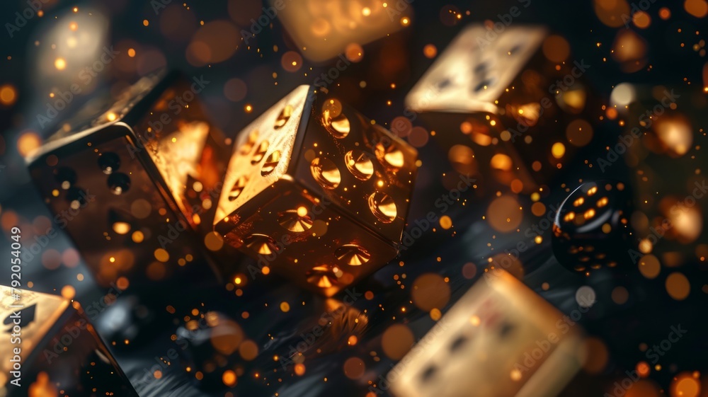 Aufkleber glittering dice rolling amongst fiery sparks - close-up of several dice with a bokeh effect, surroun