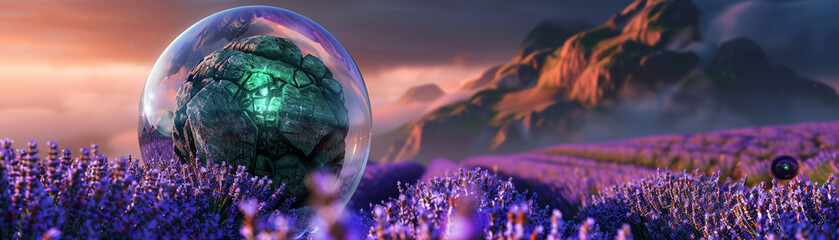 An item made from ancient stones radiating green energy, encapsulated in a giant bubble, floating...