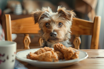A dog is sitting at a table with a plate of fried chicken in front of it