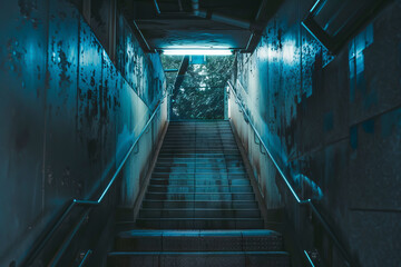 A dark stairwell with a light shining through the top. The light is blue and the stairs are made of metal