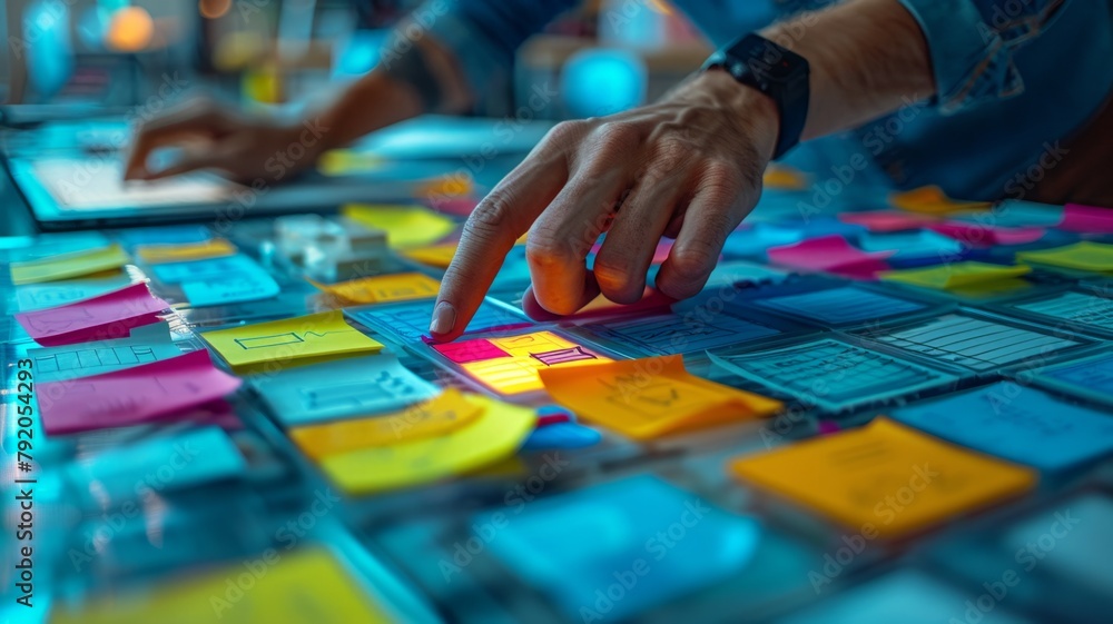 Poster designer's hands organizing project on sticky notes - detailed view of a designer organizing a proje