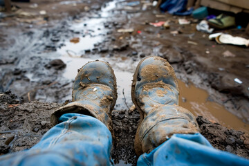 A person's feet are covered in mud and water. The person is standing on a muddy surface, looking down at their feet. The scene is dirty and unkempt