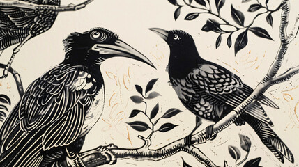 Vintage wild birds vector linocut drawing set