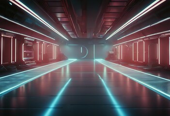 lights Neon 3D Technology corridor Garage Futuristic Showroom Laser Metal Tunnel Led Rendering...