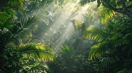 A lush tropical rainforest canopy alive with the vibrant colors of exotic birds and the gentle rustle of leaves, with shafts of sunlight filtering through the dense foliage.