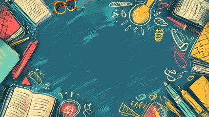 Colorful border of school supplies on dark backdrop - Featuring an assortment of hand-drawn school items forming a vivid border on a dark background, this image captures the essence of creative academ