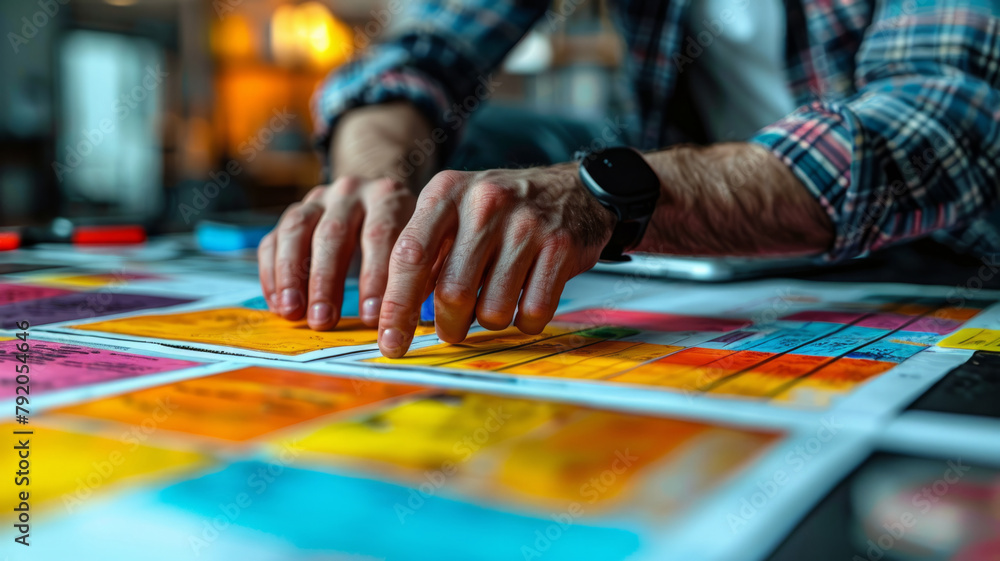 Poster close-up of hands sorting colorful sticky notes - hands actively sorting an array of bright sticky n