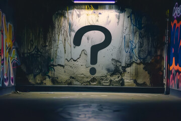 A graffiti covered wall with a large question mark on it. The wall is empty and the question mark is the only thing visible. Scene is mysterious and intriguing