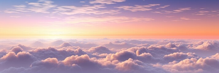 Sunset Above Clouds. Cloudscape At Dusk With Gradient Color. Aerial View Of Fluffy Clouds Under Evening Glow. Generative AI