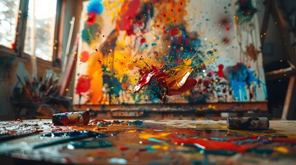 An artistic studio scene with splashes of paint flying across the canvas as a skilled painter creates a mesmerizing abstract artwork filled with movement and texture