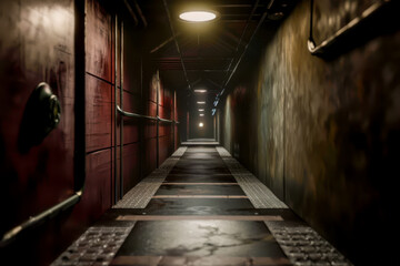 A long, dark hallway with a red door in the middle. The walls are covered in graffiti and the floor is made of concrete. The lighting is dim, creating a sense of unease and mystery