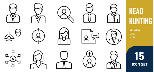 Head Hunting Line Editable Icons set. Vector illustration in thin line modern style of human resources related icons job interview, candidates search, working conditions, and more