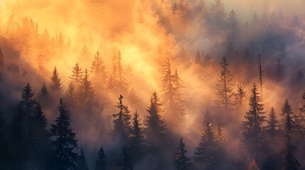 An atmospheric image of a misty forest bathed in the warm glow of the setting sun, creating an ethereal and enchanting landscape in high-definition detail. - Powered by Adobe