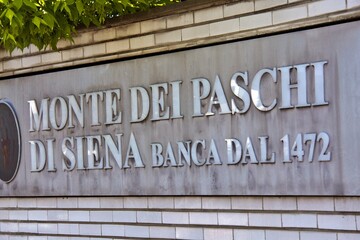 Fototapeta premium April 20th 2024 Florence, Italy. Entrance of the historic Italian bank, Monte dei Paschi di Siena,