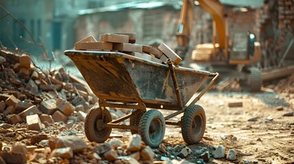 An atmospheric photograph of a bricklayer's wheelbarrow loaded with clay bricks, set against the backdrop of a construction site, showcasing the essential role of bricklaying equipment