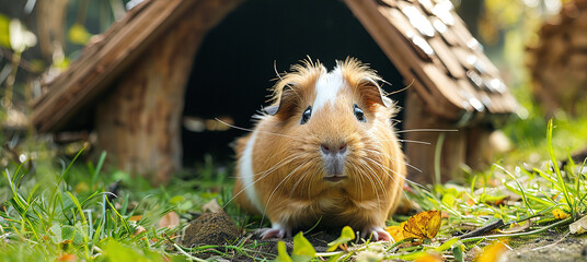 guinea pig looking out of his little house