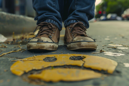 A pair of dirty brown shoes stand on a cracked yellow smiley face. Concept of sadness and weariness