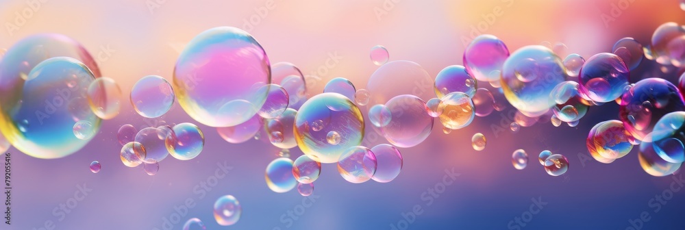 Poster Colorful Soap Bubbles Floating on Gradient Background. Soap Bubbles Against Soft Backdrop. Generative AI