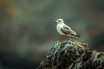 A seagull is perched on a rock. The bird is looking to its left. The sky is cloudy and the rock is grey - obrazy, fototapety, plakaty