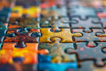 A jigsaw puzzle with many pieces of different colors. The puzzle is not yet complete
