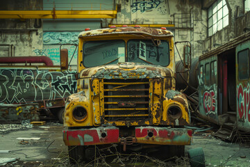 A yellow and red truck is parked in a junkyard. The truck is old and rusted, and it is surrounded by graffiti. Scene is one of decay and abandonment, as the truck is left to rust