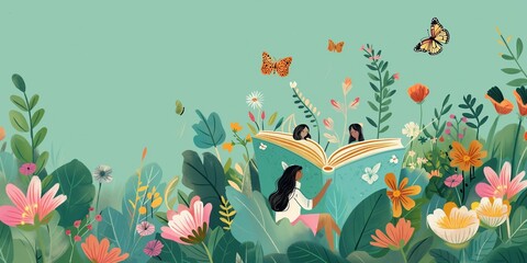 A woman is reading a book in a garden with butterflies and flowers