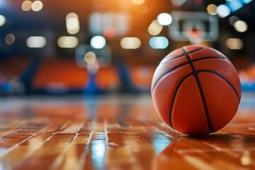 A basketball is sitting on a wooden floor in a gym. The ball is red and black, and it is the center of attention. The scene is likely from a basketball game or practice