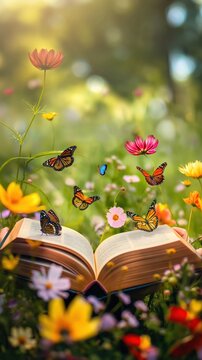 A book is open to a page with a field of flowers and butterflies
