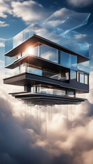 Fototapeta premium Flying House in the Clouds: Futuristic Architecture in the Air