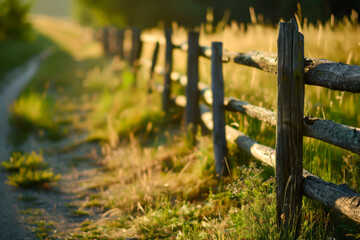 Fototapeta premium A fence with a wooden post and a wooden post. The fence is in a field with grass and trees