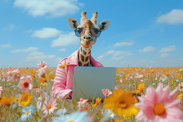 spring giraffe with laptop, AI generated
