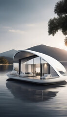 Innovative Water House with Panoramic Windows Floating on Lake Against Mountains