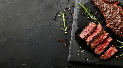 Sliced grilled steak on a dark wooden table. Grilled sirloin steak on a black stone plate in gourmet food concept with copy space.