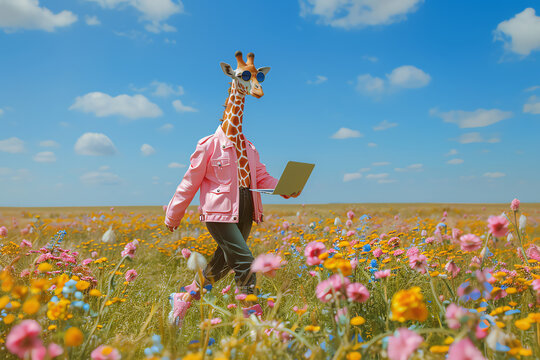 spring giraffe with laptop, AI generated