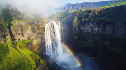 A majestic waterfall plunging into a deep gorge below, with mist rising from the cascading waters...