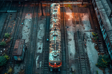 A train is parked on the tracks in a train yard. The train is old and rusty, and it is surrounded by other trains and train cars. The scene is quiet and peaceful