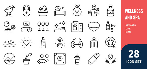 Wellness and Spa Line Editable Icons set. Vector illustration in modern thin line style of components of a healthy lifestyle, face and body care, recreation. Pictograms and infographics