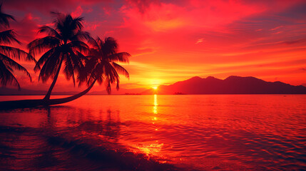 Fototapeta na wymiar Serene Summer Sunset: Vibrant Red-Orange Sky Over Clear Ocean Waters, Palm Trees Silhouetted on the Horizon. Copy space.