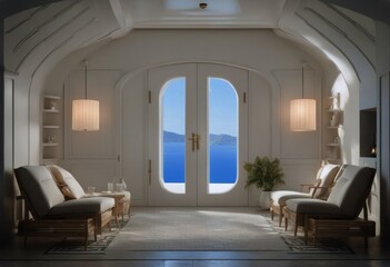 cabinet armchairs ceiling door style interior rendering Santorini lamp3d