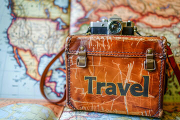 A brown suitcase with the word travel written on it. It is sitting on a map. The suitcase is old and worn, and it looks like it has been on many adventures