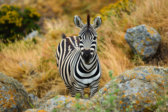 A zebra is standing in a field of grass and rocks. The zebra is looking at the camera and he is curious. The scene is peaceful and serene, with the zebra being the main focus of the image