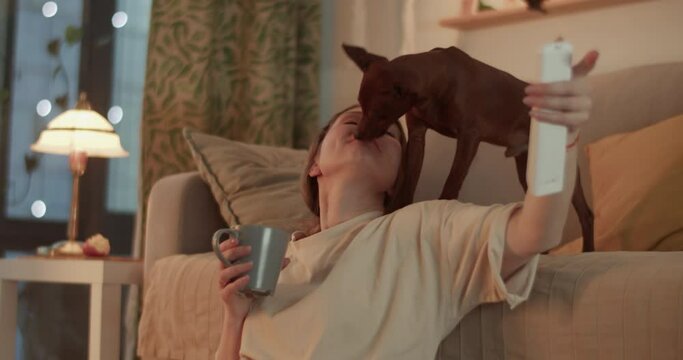Resting woman with dog using remote control