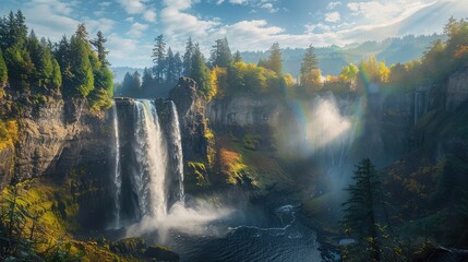 A majestic waterfall plunging into a deep gorge below, with mist rising from the cascading waters...